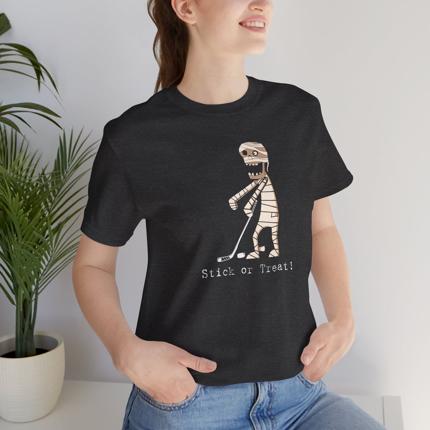 Stick or Treat Mummy Playing Ice Hockey Halloween Shirt (Adult)