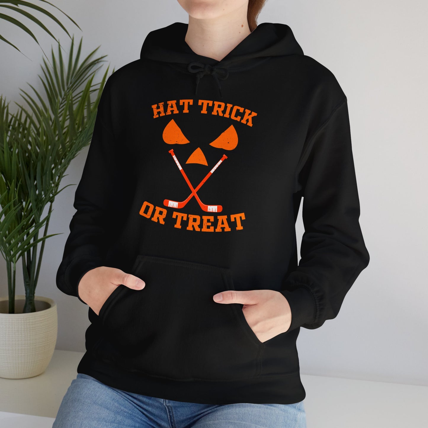 Hat Trick or Treat Halloween Ice Hockey Hoodie Sweatshirt (Adult)
