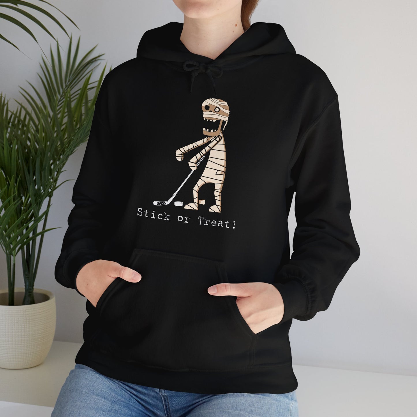 Stick or Treat Mummy Playing Ice Hockey Halloween Hooded Sweatshirt (Adult)