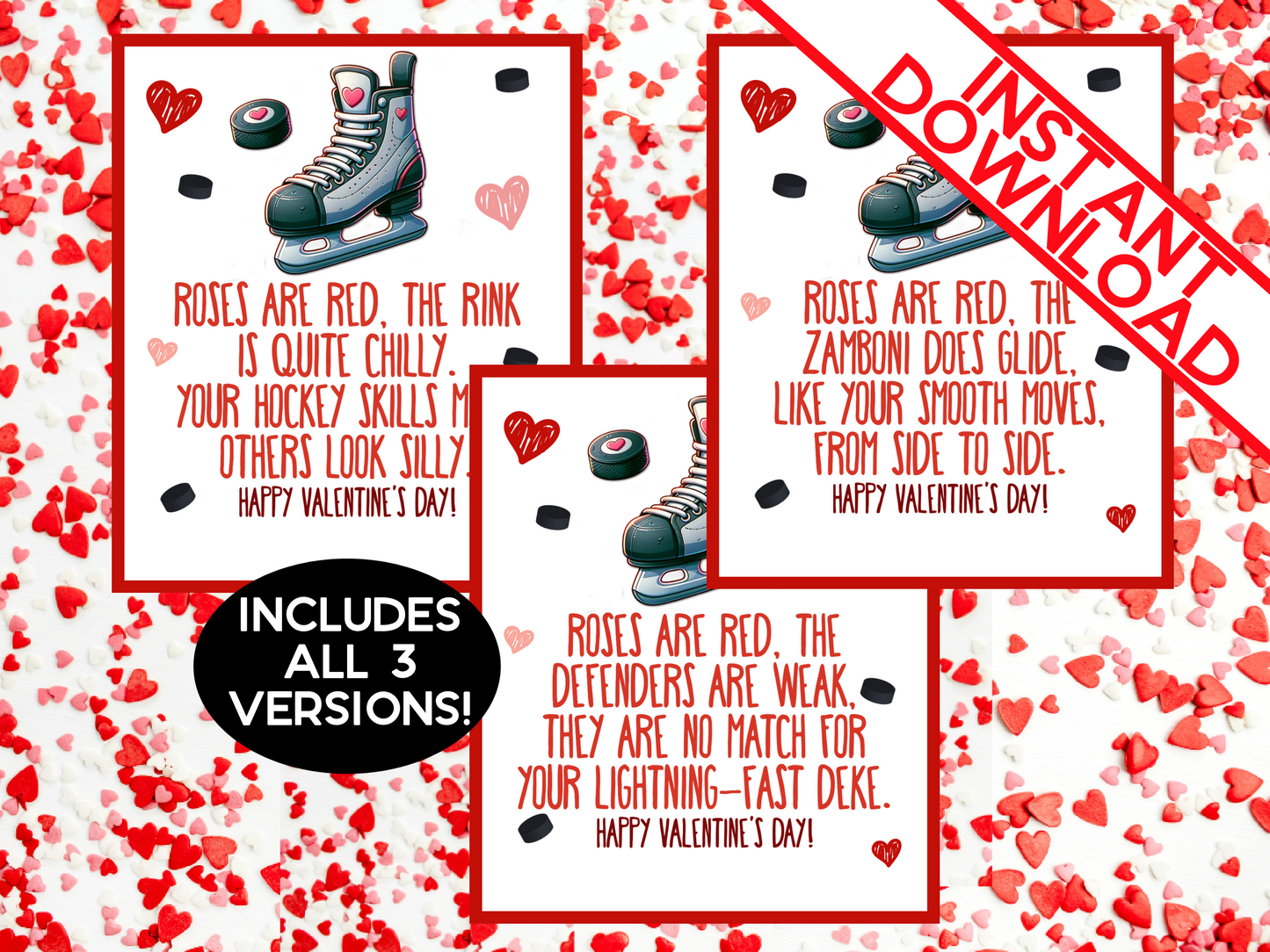 Roses Are Red Printable ICE HOCKEY Valentine Card Set