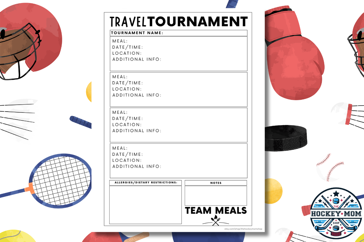 Travel Sports Tournament Team Meals Information Printable Planner Page